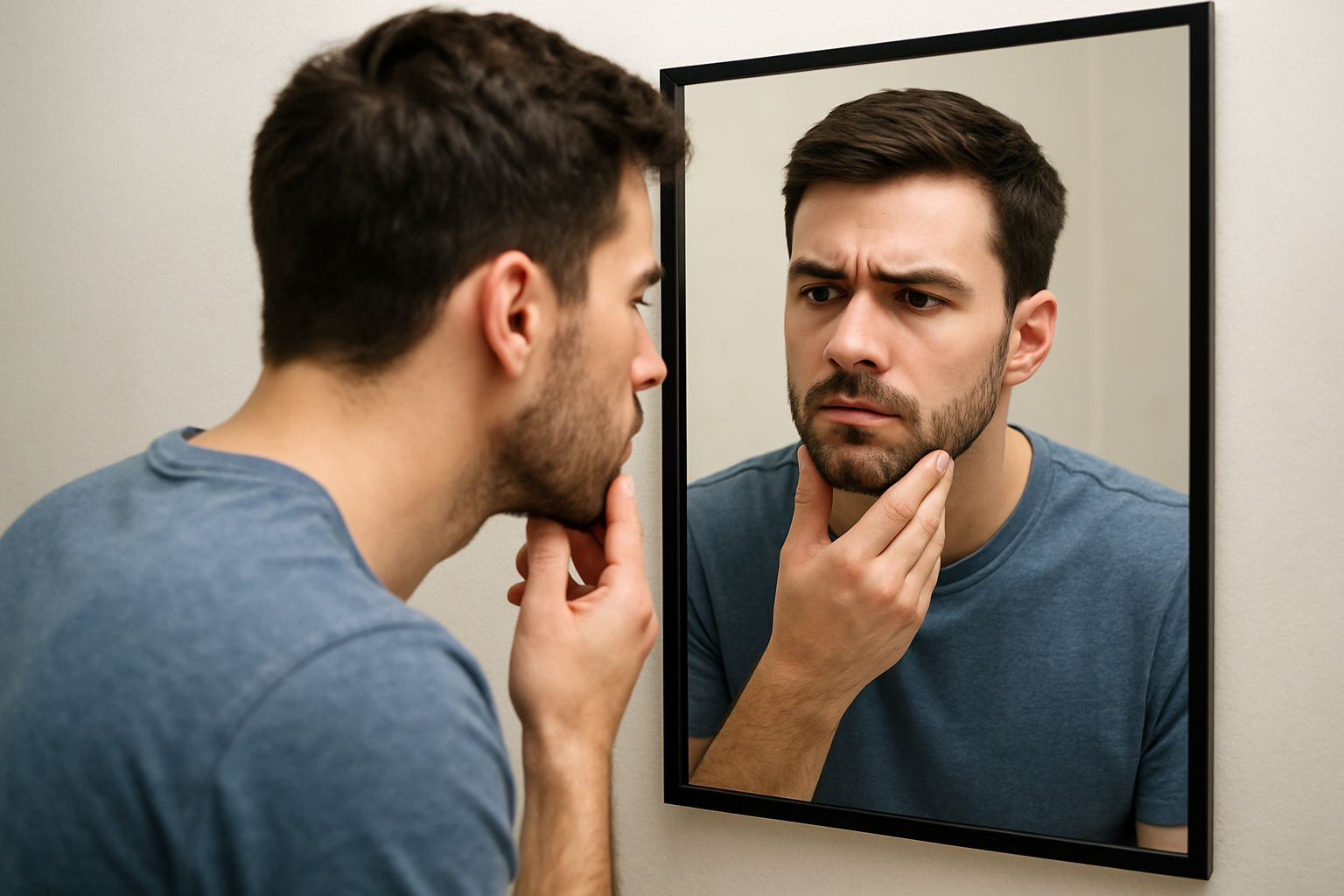 Man seeing his own image in the mirror.