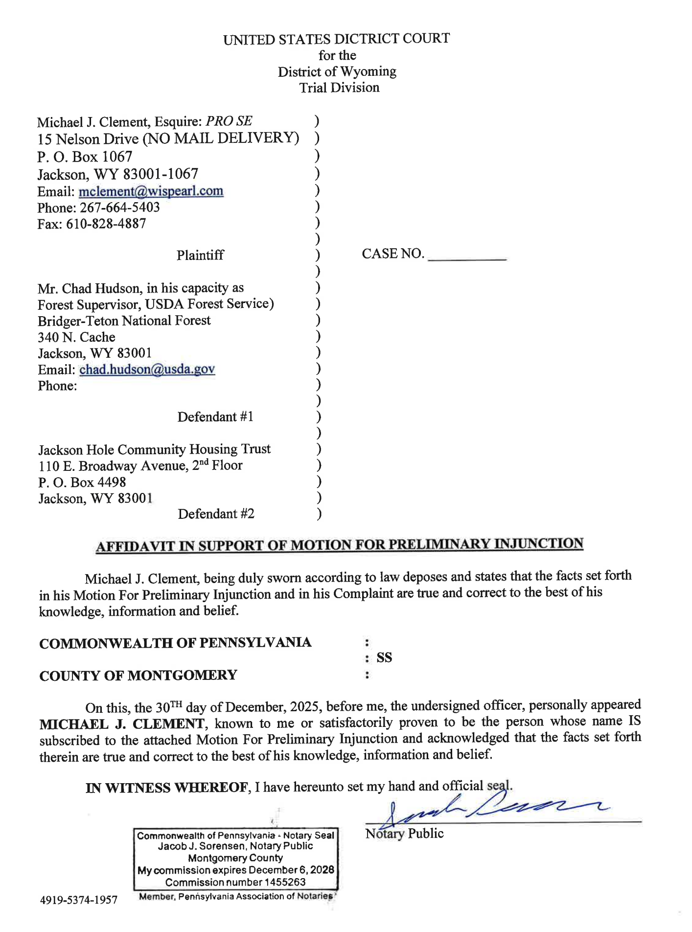 Front Page of Clement's Lawsuit