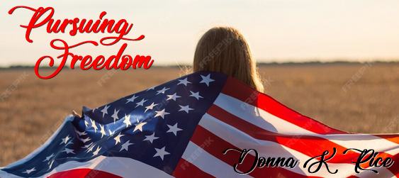 Pursuing Freedom. Woman holding an American flag in a field.