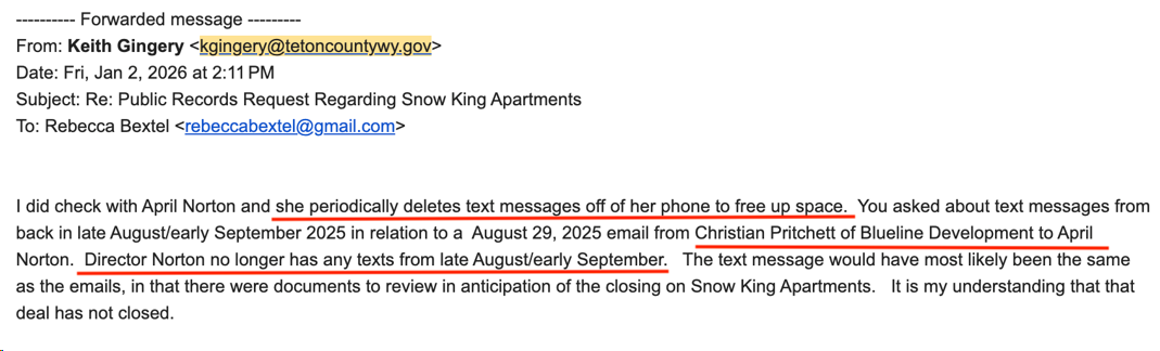Email concerning texts between April Norton and Blueline Development