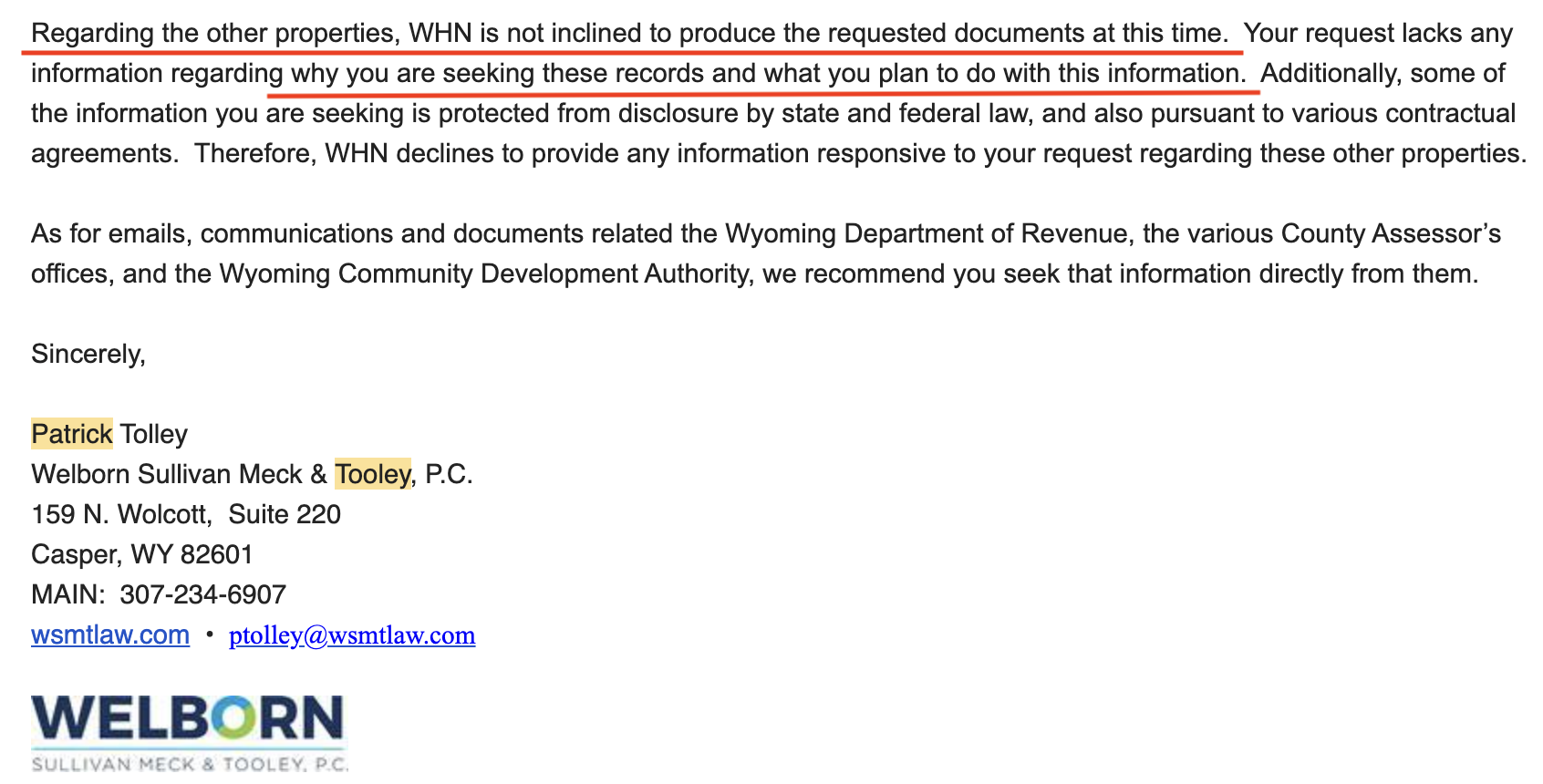 Denial of documents from a private attorney representing a public agency.