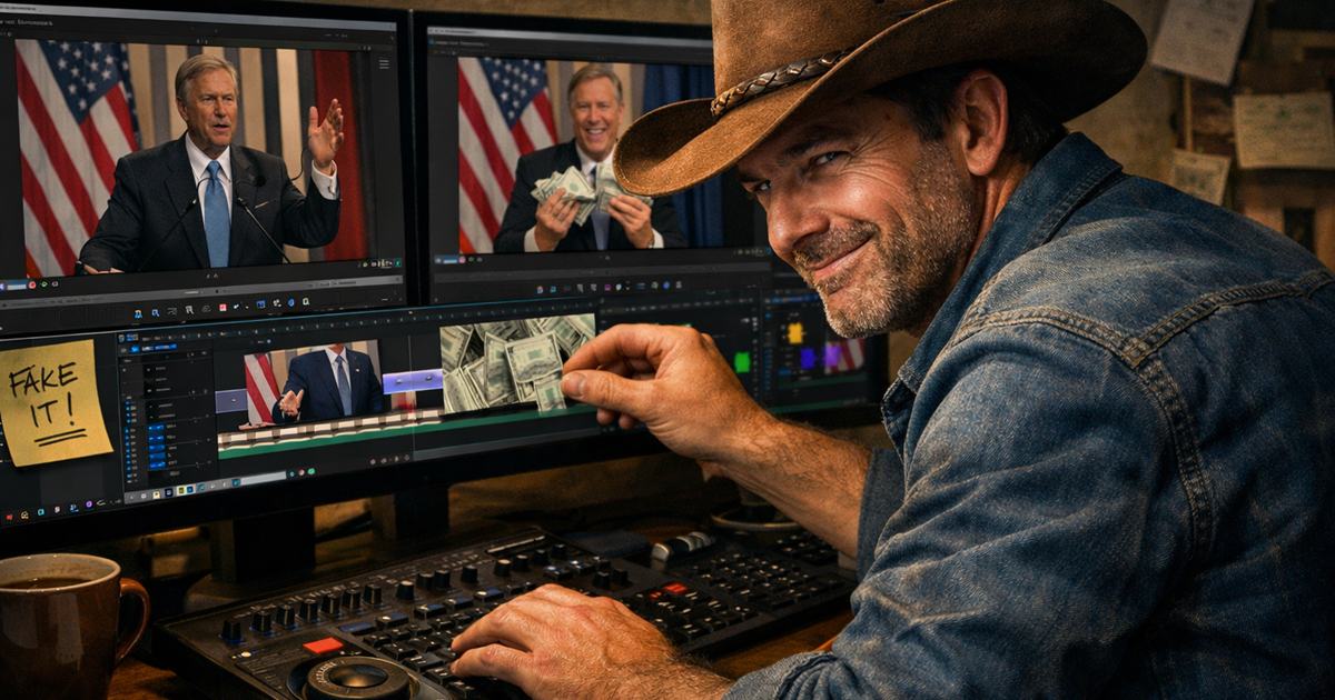 An AI Image of a man deceptively editing a video