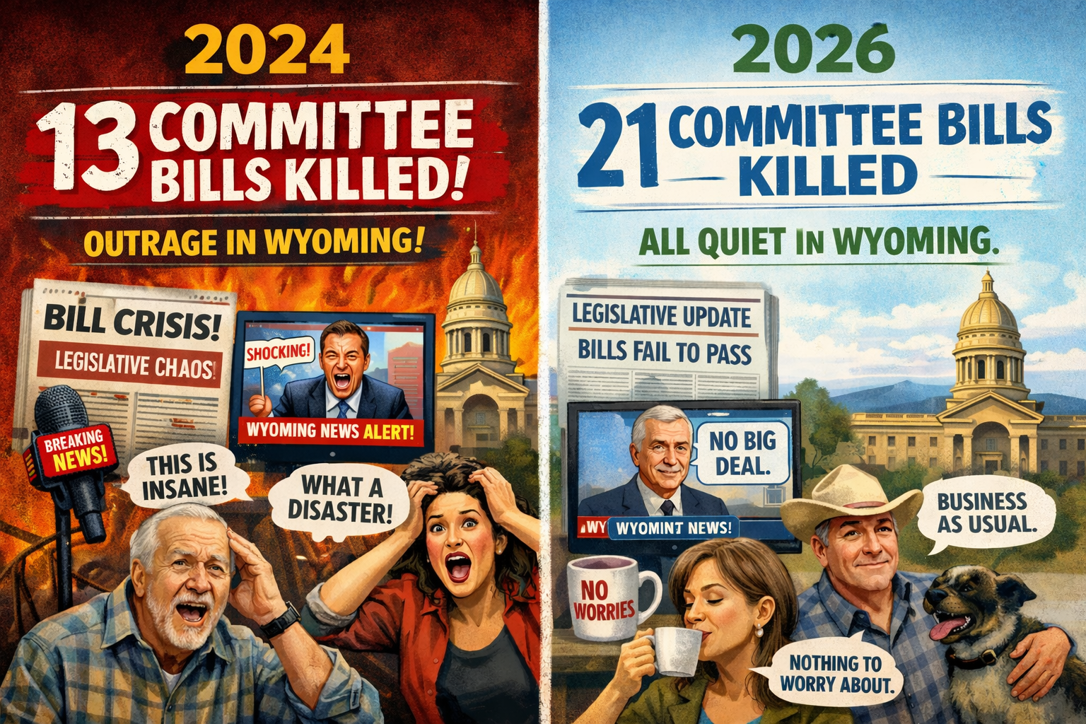 Graphic depicting the Wyoming media's 2024 reaction vs their 2026 reaction.