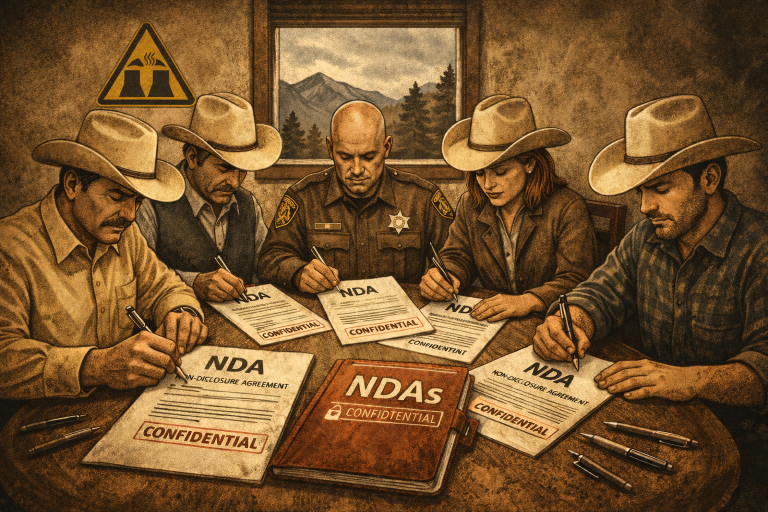 Graphic depicting local officials signing NDAs