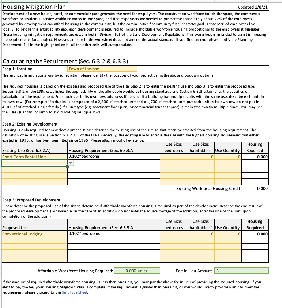Teton County Housing Mitigation Fee Worksheet