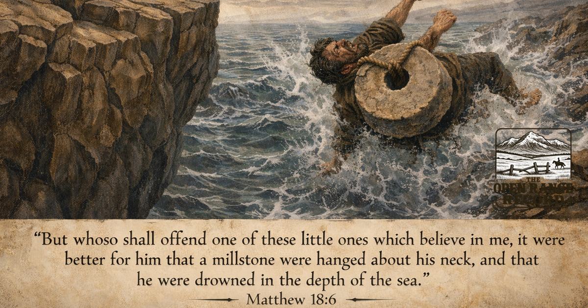 AI Depiction of a man with a millstone around his neck being cast into the sea