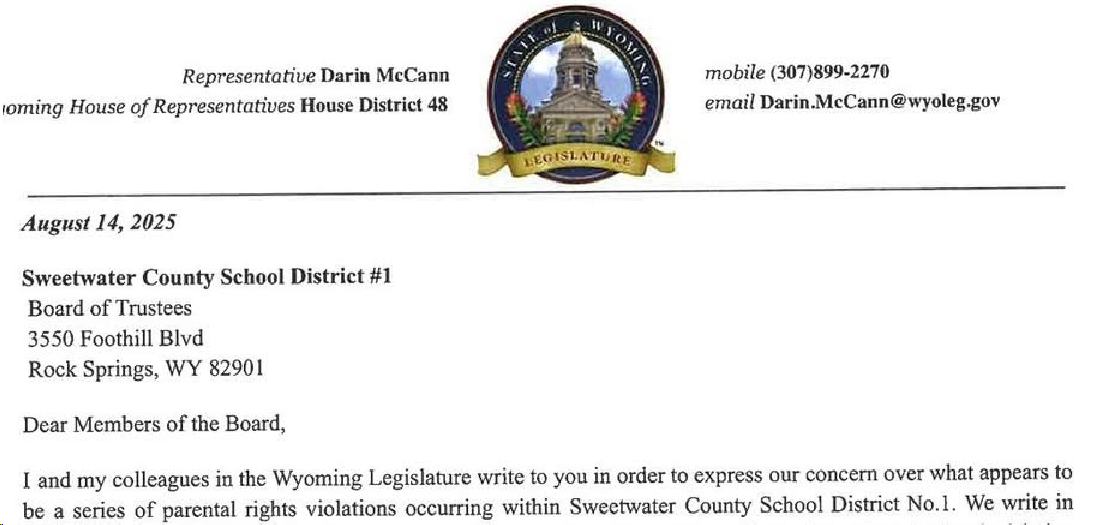 Screenshot of Letter from Rep Darin McCann