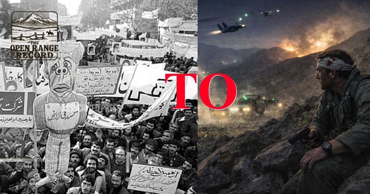 Image from 1979 Iran hostage crisis and an AI depiction of the F15 pilot rescue