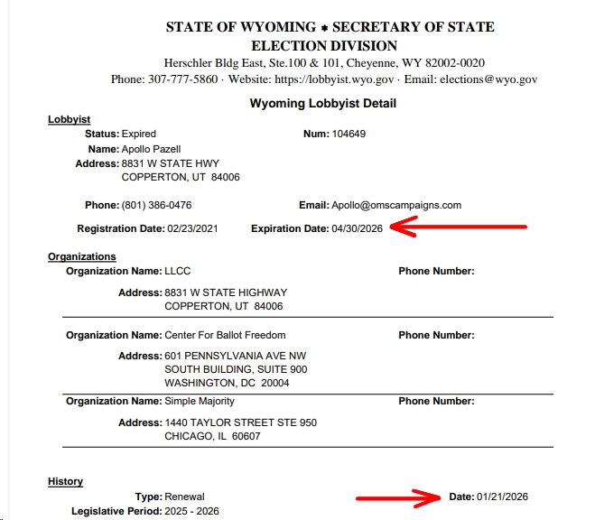Pazell's WYSOS Lobbyist Record