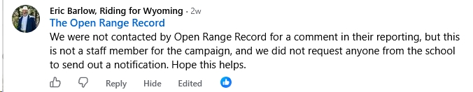 Comment from Eric Barlow's campaign
