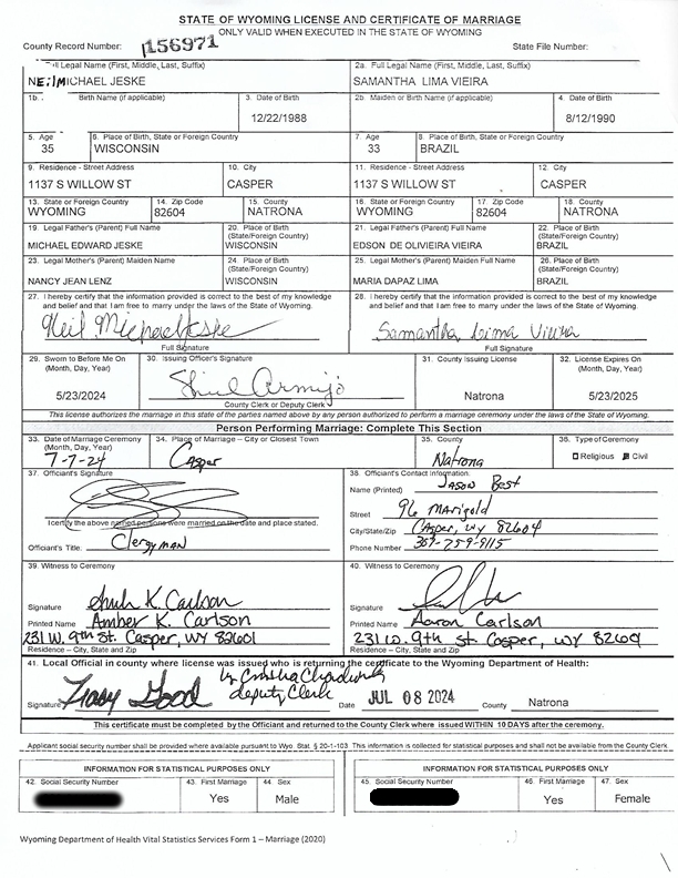 Jeske's Marriage License