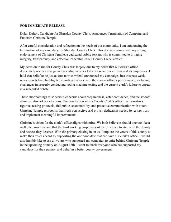 Dylan Dalton's withdrawl and endorsement of Christine Temple for Sheridan County Clerk
