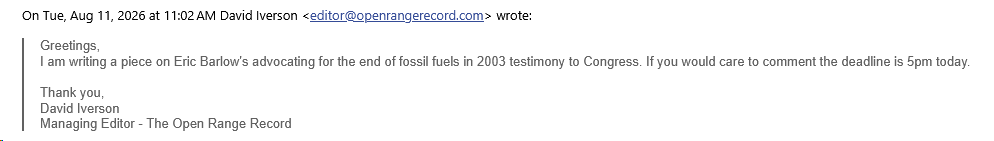 Request sent to Eric Barlow concerning his 2003 comments to Congress
