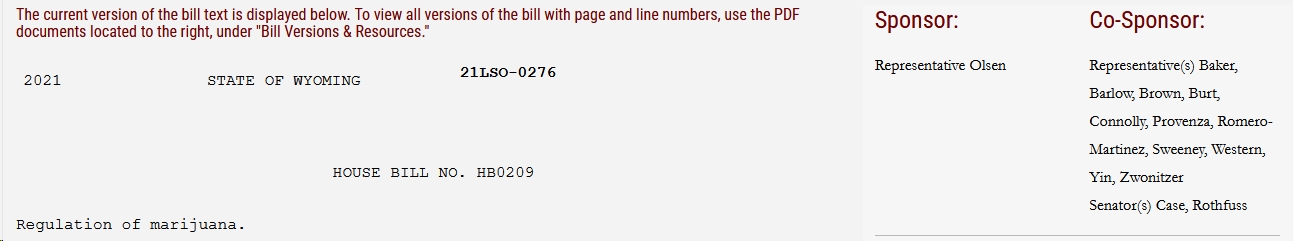 Header of 2021 HB0209 Regulation of Marijuana