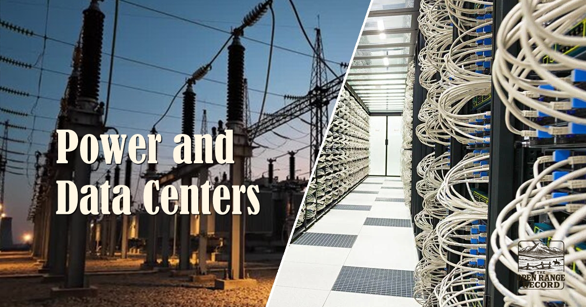 A rural electrical substation and the inside of a Wyoming data center